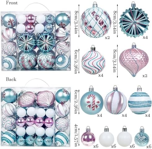 48 Pcs Christmas Balls Ornaments for Christmas Tree, Painted Shatterproof Plastic Decorative Baubles Hanging Ornaments for Xmas Tree Wreath Holiday Party Wedding Decoration, Blue White Pink