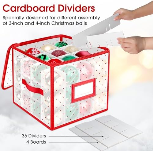BlessedSeason Christmas Ornament Storage Box With Adjustable Dividers, Store up to 64 of 3-inch or 36 4-inch Christmas Ornaments, Xmas Ornaments Storage with Zippered Closure & Two Handles, 2 Pcs