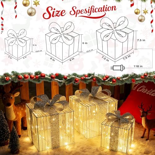 Set of 3 Christmas Lighted Gift Boxes - Silver 140 LEDs Outdoor Decoration