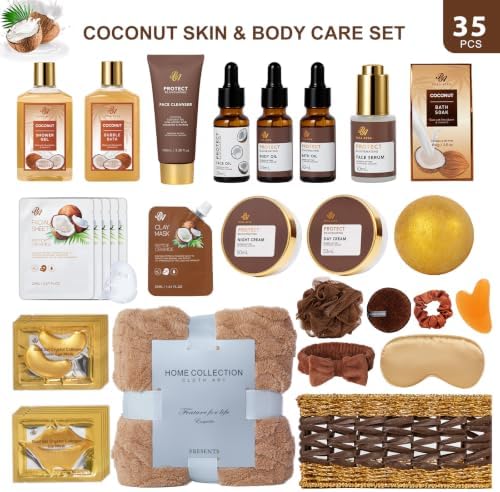 Gifts for Women & Men, 35 Pcs Coconut & Vanilla Self Care Spa Gifts Basket