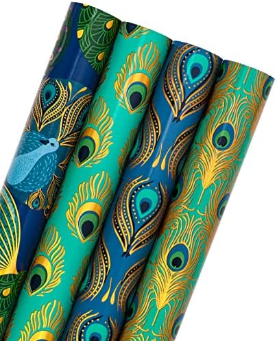 WRAPAHOLIC 30 Inch Peacock Christmas Wrapping Paper Roll - Jumbo Roll Green Peacock Elements Patterns with Metallic Foil Shine - 4 Rolls - 30 Inch x 120 Inch Per Roll