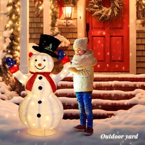 VINGLI 4FT Auto-Waving Outdoor Snowman Christmas Decorations, Lighted Pop Up Snowman w/120 LED Lights, Moving Hat, Red Scarf, Ground Stakes for Indoor, Yard, Outside Xmas Decor