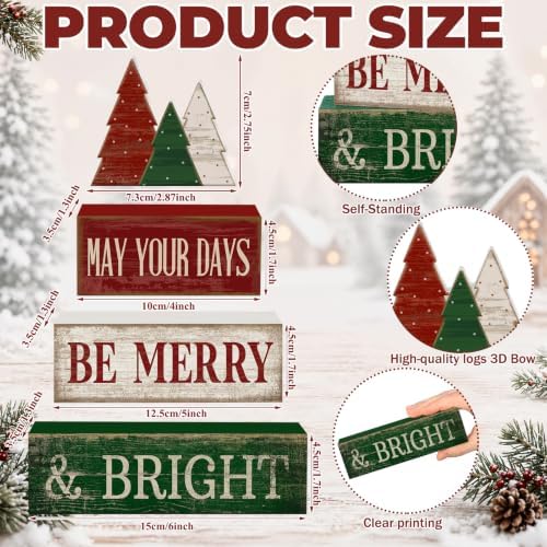 Lineshading 4 Pcs Christmas Table Decor, Wooden Tree Block Signs Home