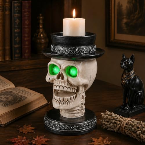 Halloween Skull Candy Bowl with Glowing Eyes and Batteries Included