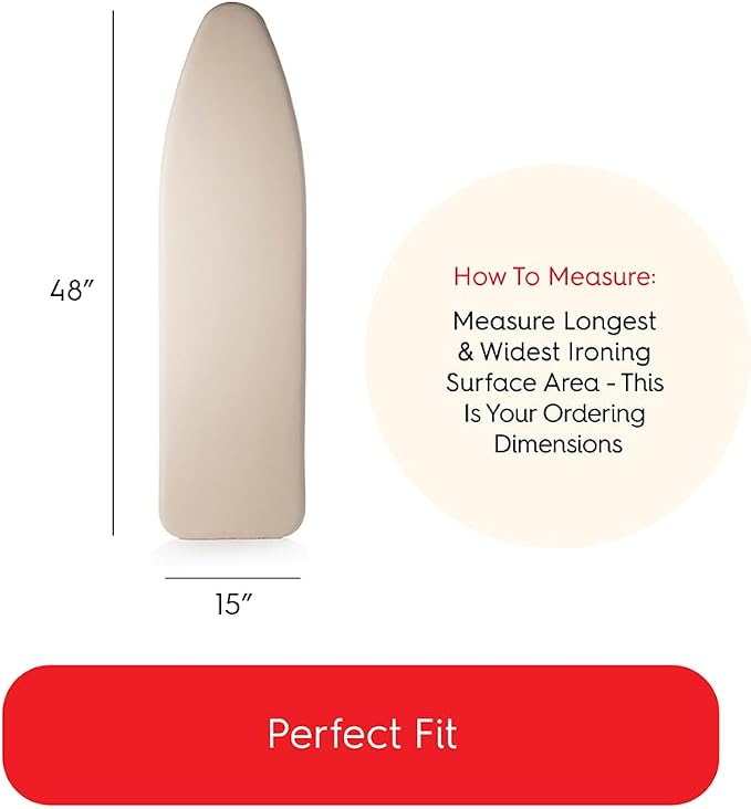 TIVIT Ironing Board Cover 15 x 48 Standard Chemical Free Eco-Friendly Padded Covers - Unbleached, Untreated Natural Cotton & Wool Pad - 2 Layer, 3 Fastener Straps, Pull Bungee Cord - Made in Italy
