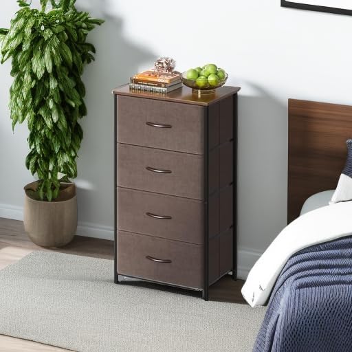 AODK Small Dresser for Bedroom with 4 Storage Drawers, Brown | Dressers Chest of Drawers Fabric Dresser with Sturdy Steel Frame, Dressers for Closet with Wood Top