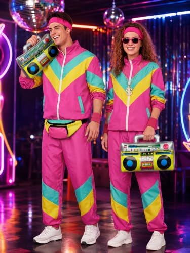 SOMSOC 80s Tracksuit for Men Women Halloween Costume Retro Windbreaker Set Neon 90s Outfit Couple Jogger Suit
