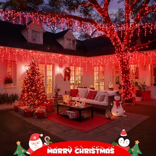 JMEXSUSS 400 LED Red Icicle Christmas Lights Outdoor