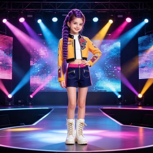 Pop Singer Costume Golden Kids Girls Halloween Outfit with Braid Stickers