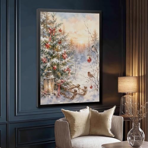 Snowy Christmas Tree Canvas Wall Art Winter Sled Birds Decor Black Frame