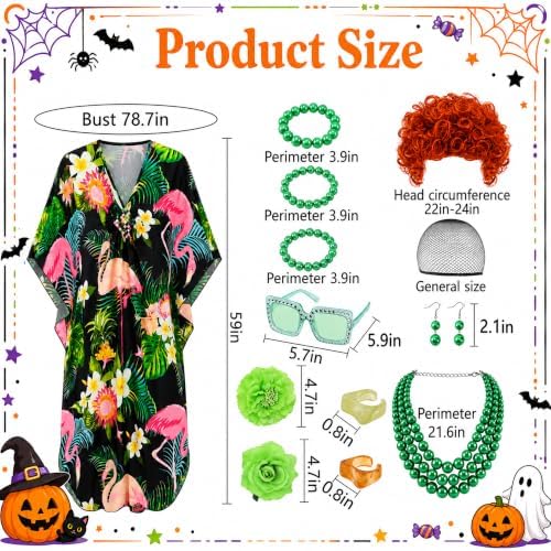 Halloween Women Landlady Costume Caftan Dress Curly Wig Jewelry & Sunglass