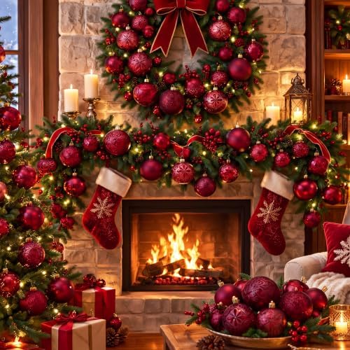 100 Pcs Burgundy Christmas Ball Ornaments for Tree, 6 Styles in 4 Sizes