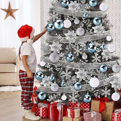 Sratte 94 Pcs Christmas Tree Ornaments Decoration Set, Blue, White, Silver
