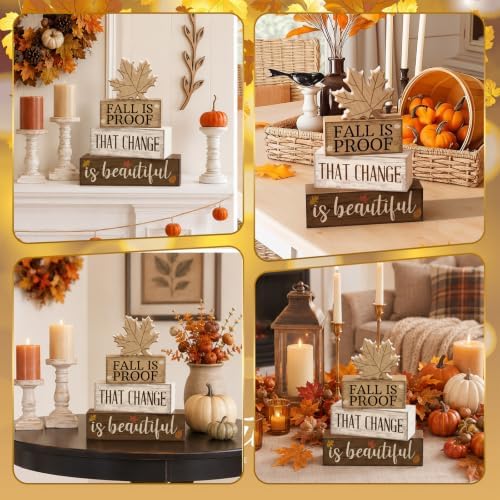 Moucuny 4 Pcs Fall Table Decoration for Home Wooden Neutral Maple Leaf