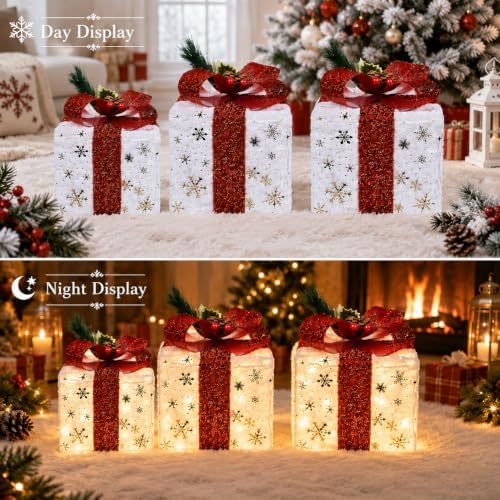 Set of 3 Lighted Boxes, Gold Snowflake Indoor Holiday Decor