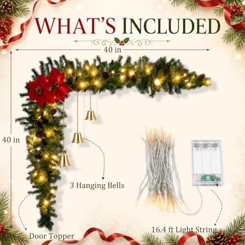Christmas Door Decorations with LED Light, Poinsettias, Pinecones