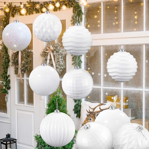 Poen 12 Pcs 6 Inch Extra Large Christmas Ball Ornaments Outdoor Christmas Tree Decoration Hanging Plastic Balls Oversized Glitter Xmas Balls for Outside Lawn Yard Tree Decoration(White)