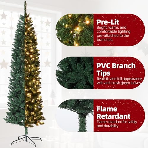 9FT Pre-Lit Christmas Tree, Artificial Pencil Holiday Decoration with 380 LED Light & 1153 Tips, Metal Foldable Stand for Indoor Use, Green