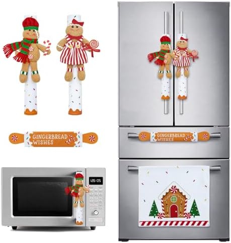 Mosoan Christmas Decorations Indoor Set of 4 Christmas Refrigerator Fridge Door Handle Covers, Gingerbread Man Christmas Kitchen Decor Appliance Handle Covers Decorations Xmas Holiday Decor