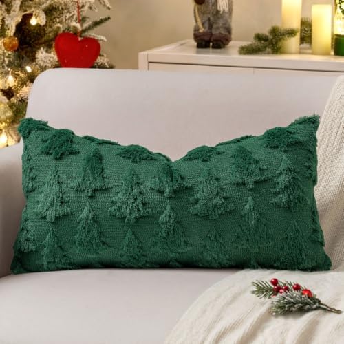 MIULEE Christmas Throw Pillow Covers Lumbar Dark Green Christmas Decorations Xmas Tree 12x24 Pillow Covers Soft Plush Faux Wool Pillowcases Holiday Festivals Winter Home Decor Sofa Couch Bed Porch