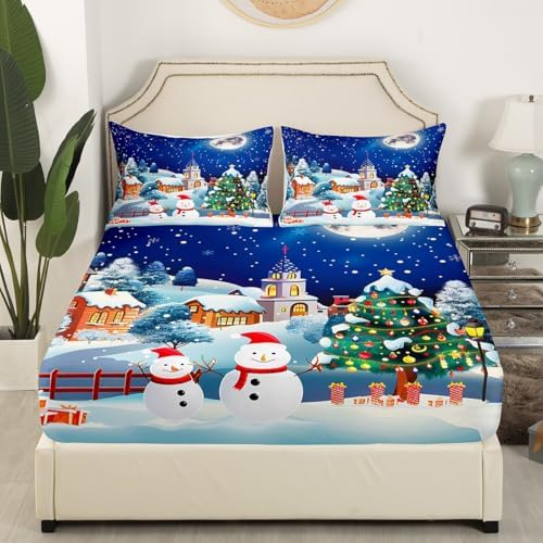 Castle Fairy Merry Christmas Sheet Set Kids Boys Girls Cartoon Snowman Fitted Sheets Set Full Size Winter Night Bedding Sheet Sets Includes 1 Flat Sheet,1 Fitted Sheet,2 Pillowcases