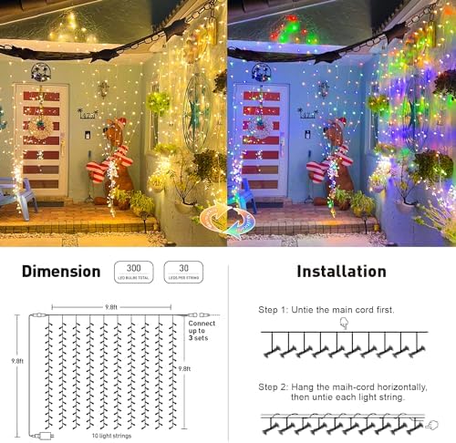 JMEXSUSS 300LED Dual Color Changing Curtain Lights, Plug in, 9.8 x 9.8ft