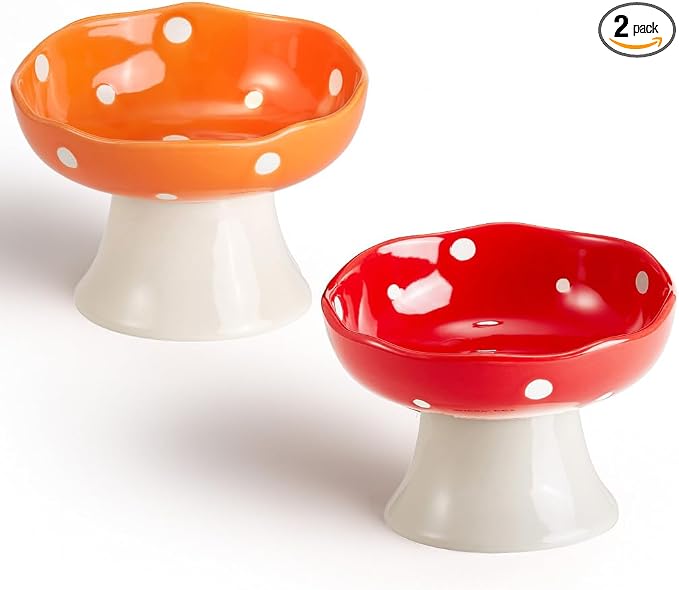 Red and Orange Mushroom Cat Bowl Set, 2PCS Elevated Ceramic Bowls for Cats | Cute Mushroom Set, Elevated, Ceramic, Whisker Friendly, Multi-Cat