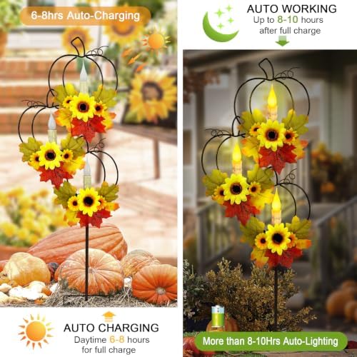 Thanksgiving Solar Lights Outdoor,Metal Trio Pumpkin LED Candles Yard Decor