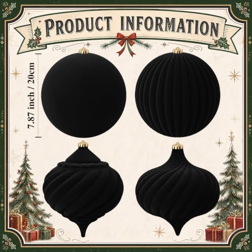 Civaner 4 Pcs Large Velvet Christmas Ball,8 Inch,Black