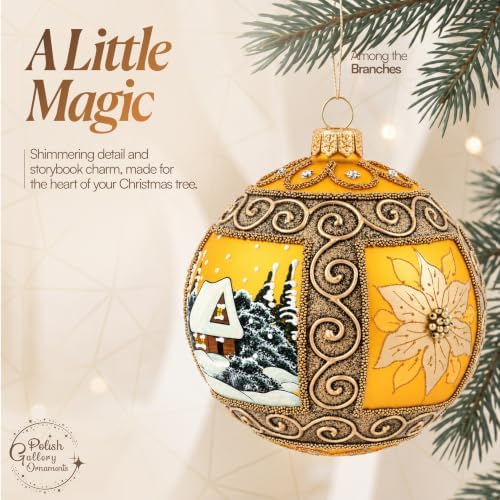 Polish Hand Blown Glass Christmas Ornaments Ball, Winter Charm Gold 5 in