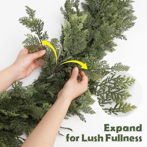 Pre-Lit Christmas Garland 6FT Decorations Real Touch Cedar Cypress Pine Greenery Artificial Green Christmas Garland with Lights for Mantle, Fireplace, Table, Stairs, Door, Indoor Outdoor Decorations