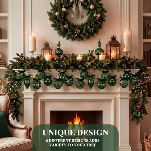 Syhood 18 Pcs Dark Green Christmas Mercury Glass Balls Ornaments, 6 Styles