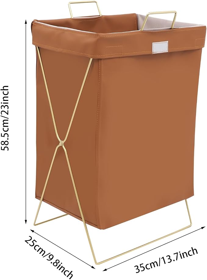 X-Frame Laundry Basket with Lid, Foldable Laundry Hamper, Gold Metal Collapsible Bag Sorter Organizer, Luxury Folding Dirty Clothes Washing Bin (Gold Frame+ Brown Bag)