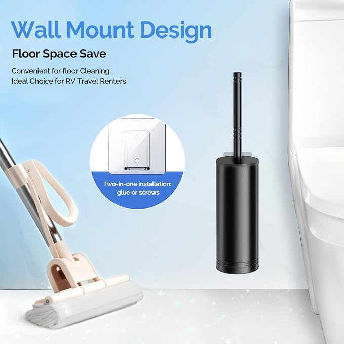 HAMITOR Toilet Brush and Holder Set: Stainless Steel Heavy Duty Bowl Cleaner Brush - Deep Cleaning Under Rim Curved Bristle - Space Saving Wall-Mounted for Home RV Bathroom Accessories Black 1 Pack