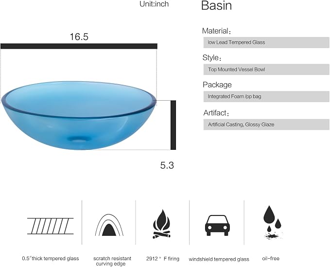 Bathroom Vessel Sink, Tempered Glass Vanity Round Bowl, Clear Blue | Chrome Faucet, Pop Up Drain, Above Counter, Easy Clean