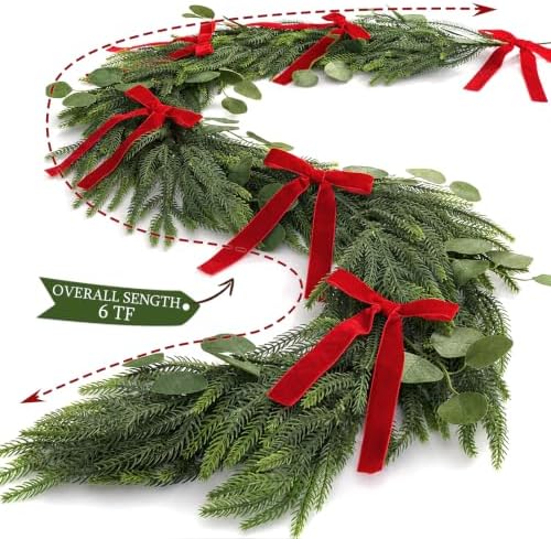 Christmas Decorations, 6FT Norfolk Pine Garland with Red Velvet Ribbon Bows