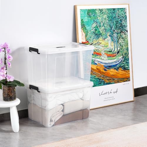 Cetomo Lidded Storage Bin with Handle, Tote Organizing Container with Durable Lid and Secure Latching Buckles, Stackable and Nestable, Plastic, 95 Quart-3 Pack, Clear