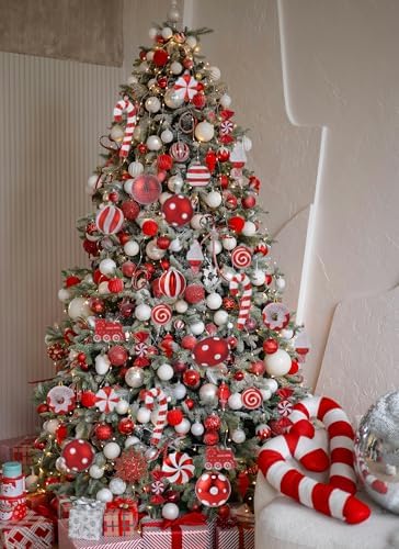 105Ct Red and White Christmas Ornaments Set Shatterproof Candy Cane Theme Decorations for Xmas Tree, Donut Polka Dot Assorted Ornaments for Holiday Festival Family Decor (Red&White)