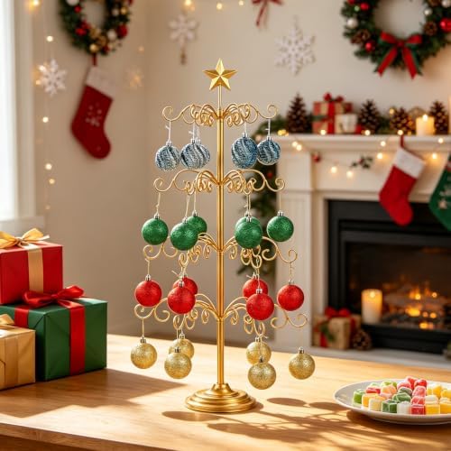 Metal Ornament Display Tree Stand, 4‑Tier Wrought Iron Christmas Tree Gold