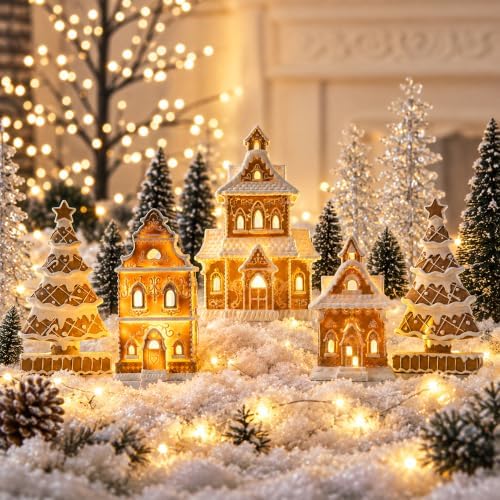 Gingerbread House Christmas Decorations - 5PCS Village Set with Trees