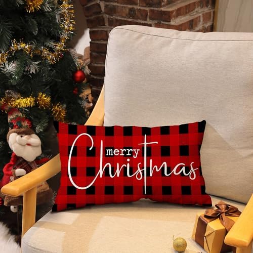 Allorry Christmas Pillow Covers Merry Christmas Throw Pillow Decorative Christmas Red and Black Cotton Cloth Linen Cloth Pillow Cover Sofa Cover Decorative Rectangle Length 12X20