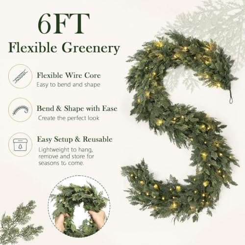 Pre-Lit Christmas Garland 6FT Decorations Real Touch Cedar Cypress Pine Greenery Artificial Green Christmas Garland with Lights for Mantle, Fireplace, Table, Stairs, Door, Indoor Outdoor Decorations