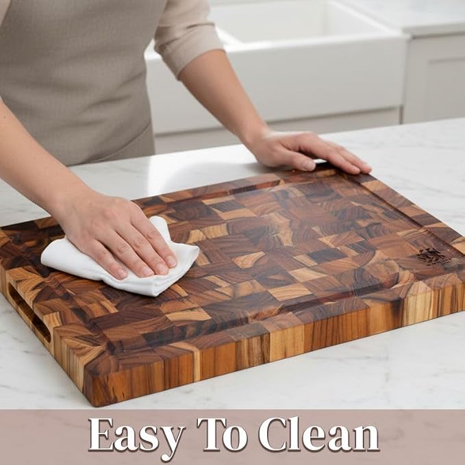 Teak Wood End Grain Cutting Board 13.8 x 9.8 Inch, Solid Wood Kitchen Cutting Board for Meat & Daily Prep, Knife-Friendly Cutting Board with Juice Groove & Handle by New M Way