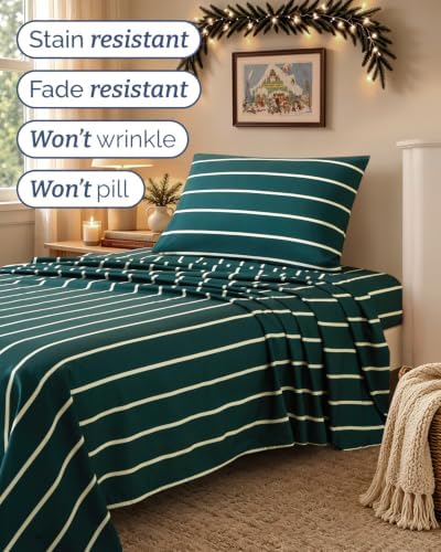 Christmas Sheet Set, Pine Stripe, Holiday Xmas Bedding Set - Twin XL Size