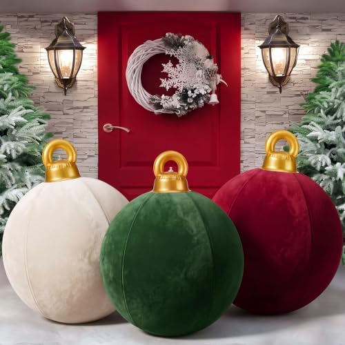 3 Pcs 32 Inch Velvet Christmas Inflatable Balls, Burgundy, Green, Beige