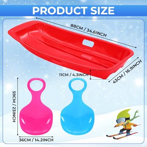 3 Pcs Snow Sleds 35 Inch Plastic Toboggan with Rope for Adults