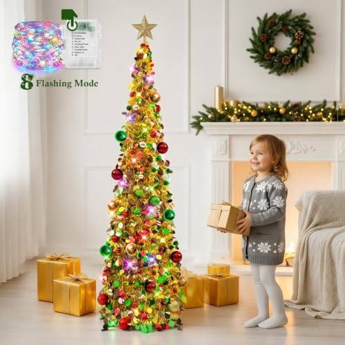 N&T NIETING Pop Up Christmas Tree with Lights, Collapsible Tinsel Xmas Tree Decorations, Pencil Christmas Tree Skinny Tree for Holiday Xmas Home Office Decor, 30 Balls, 5Ft, Gold Mix