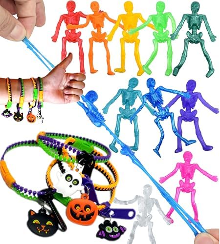 UpBrands 288 Halloween Party Favors For Kids, Bulk Non-Candy Treats: 144 Fidget Toys Zipper Bracelets & 144 Stretchy Skeleton Toys, Kit for Halloween Goodie Bags & Pinata Fillers