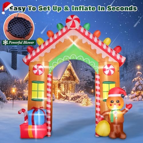 FunFanso 9 FT Christmas Inflatables Archway Outdoor Decorations, Gingerbread Man House Arch Blow Up Yard Decoration with Colorful Gift Boxes, Built-in LED Lights for Garden Porch Xmas Party Decor