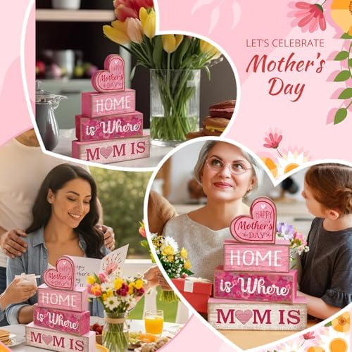 Lineshading 4 Pcs Wooden Block Signs Mothers Day Farmhouse Tabletop Decor